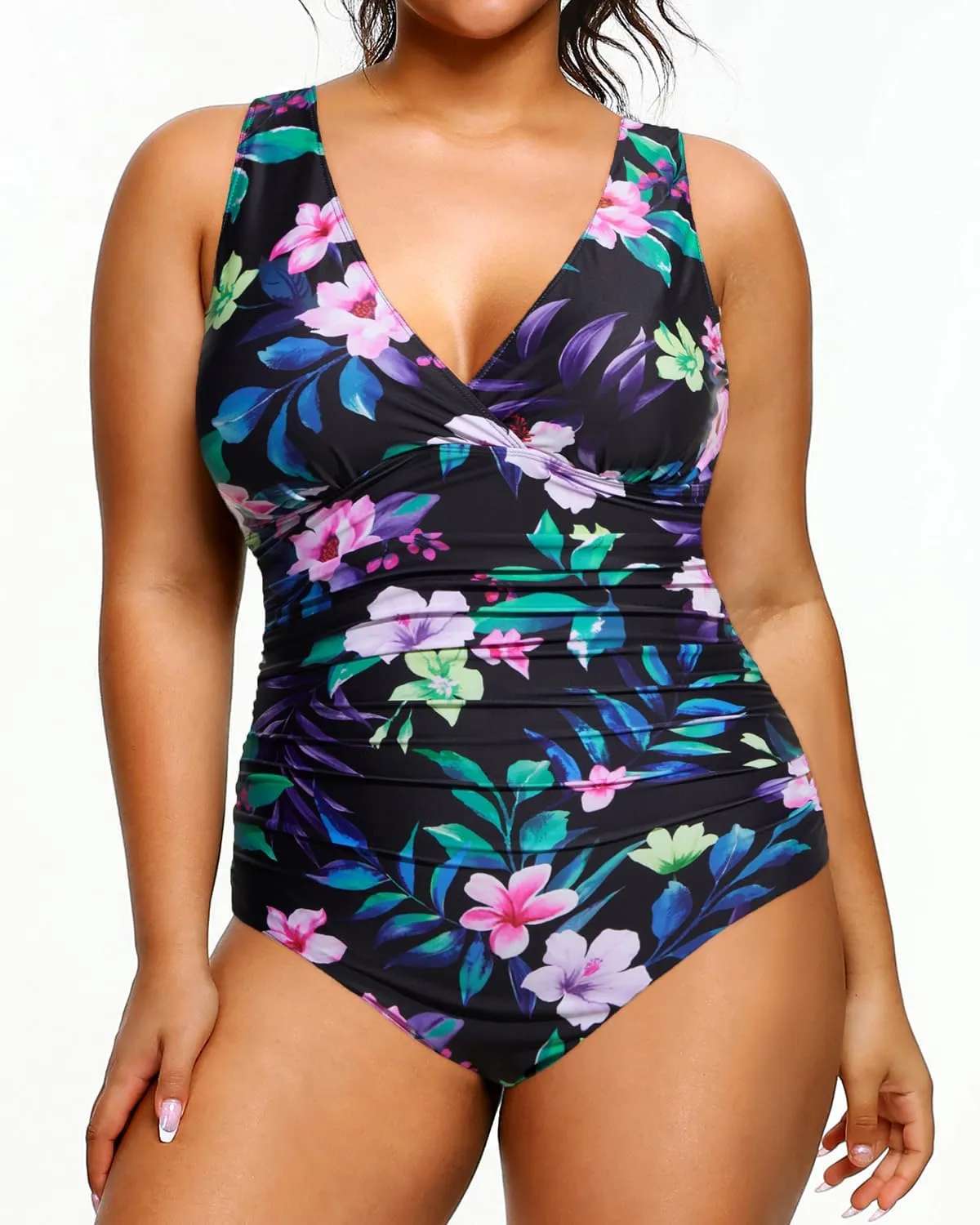Aqua Eve Women Plus Size One Piece Swimsuits Tummy Control Bathing Suits V Neck Ruched Swimwear