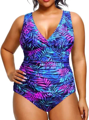 Aqua Eve Women Plus Size One Piece Swimsuits Tummy Control Bathing Suits V Neck Ruched Swimwear
