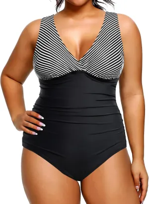 Aqua Eve Women Plus Size One Piece Swimsuits Tummy Control Bathing Suits V Neck Ruched Swimwear