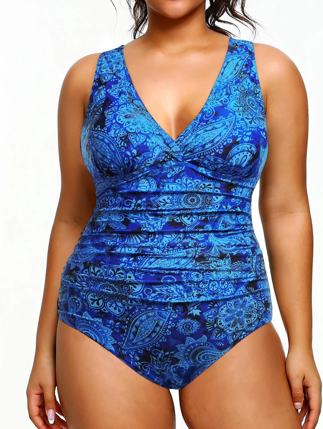 Aqua Eve Women Plus Size One Piece Swimsuits Tummy Control Bathing Suits V Neck Ruched Swimwear