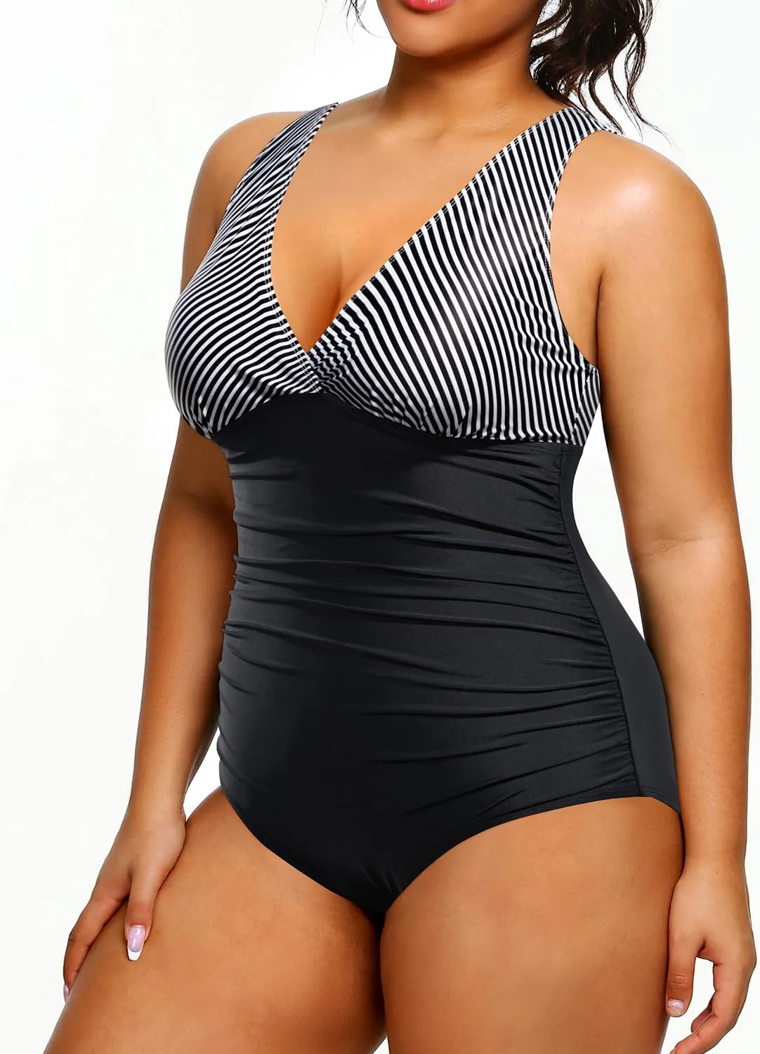 Aqua Eve Women Plus Size One Piece Swimsuits Tummy Control Bathing Suits V Neck Ruched Swimwear