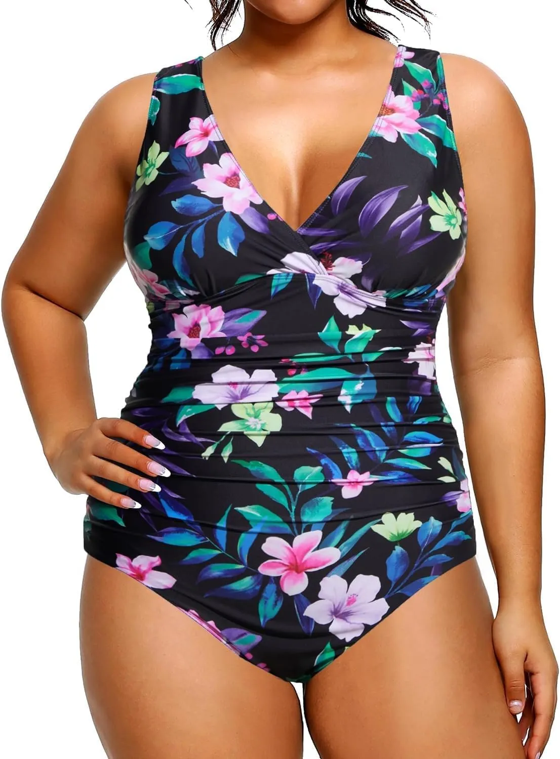 Aqua Eve Women Plus Size One Piece Swimsuits Tummy Control Bathing Suits V Neck Ruched Swimwear