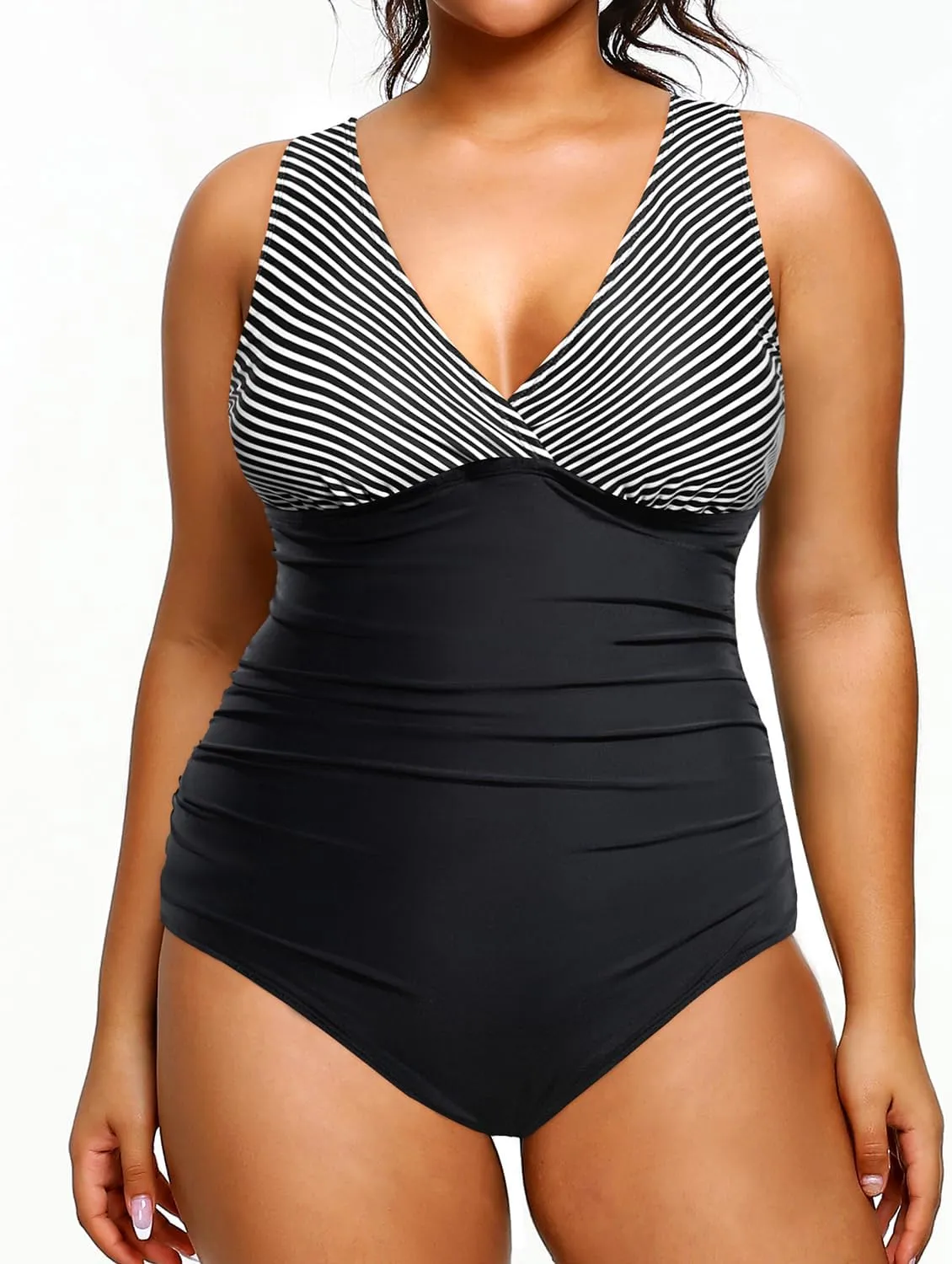 Aqua Eve Women Plus Size One Piece Swimsuits Tummy Control Bathing Suits V Neck Ruched Swimwear