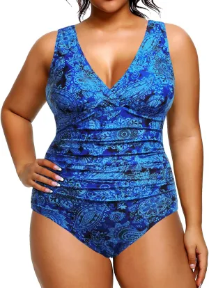 Aqua Eve Women Plus Size One Piece Swimsuits Tummy Control Bathing Suits V Neck Ruched Swimwear