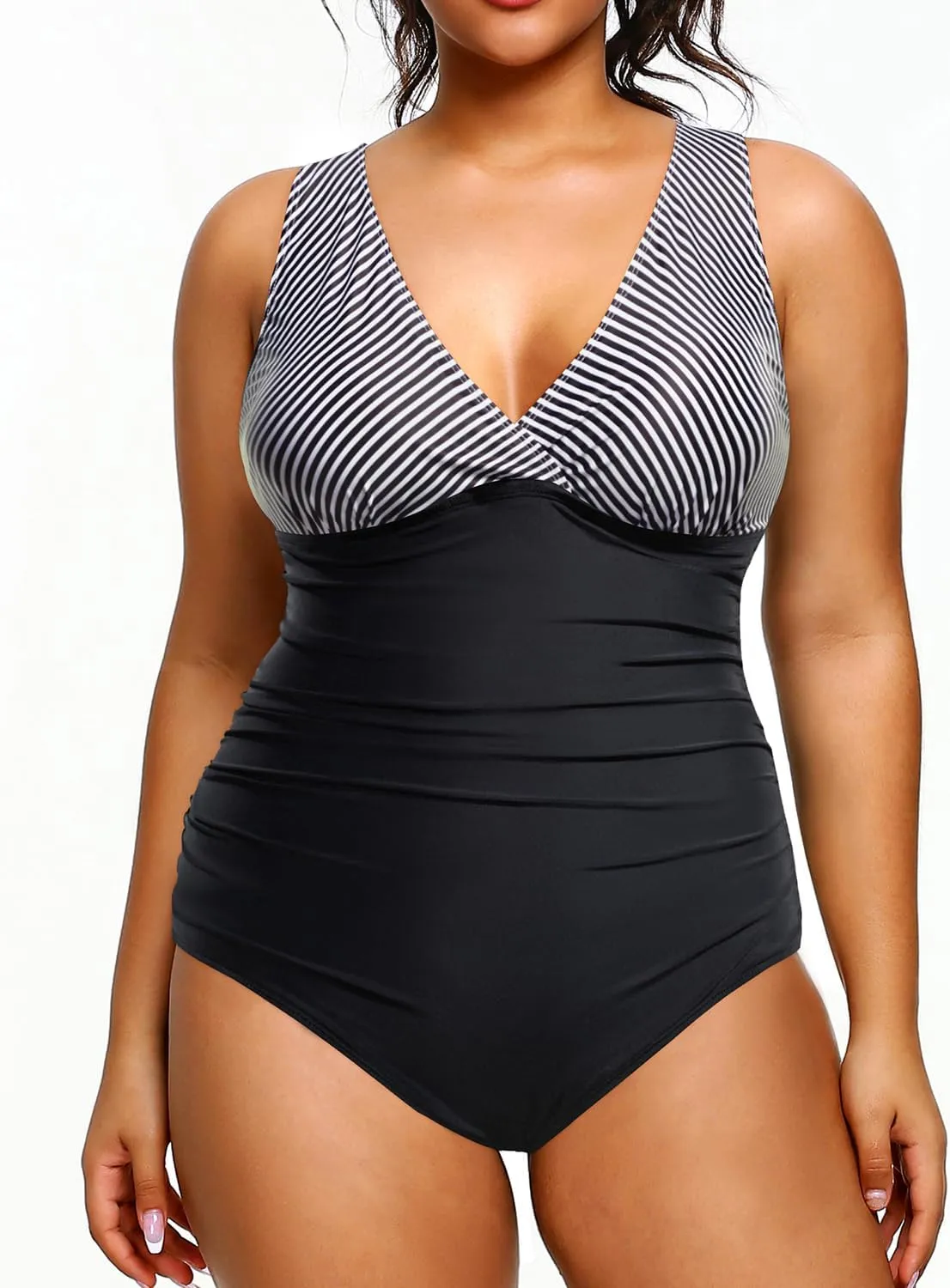 Aqua Eve Women Plus Size One Piece Swimsuits Tummy Control Bathing Suits V Neck Ruched Swimwear
