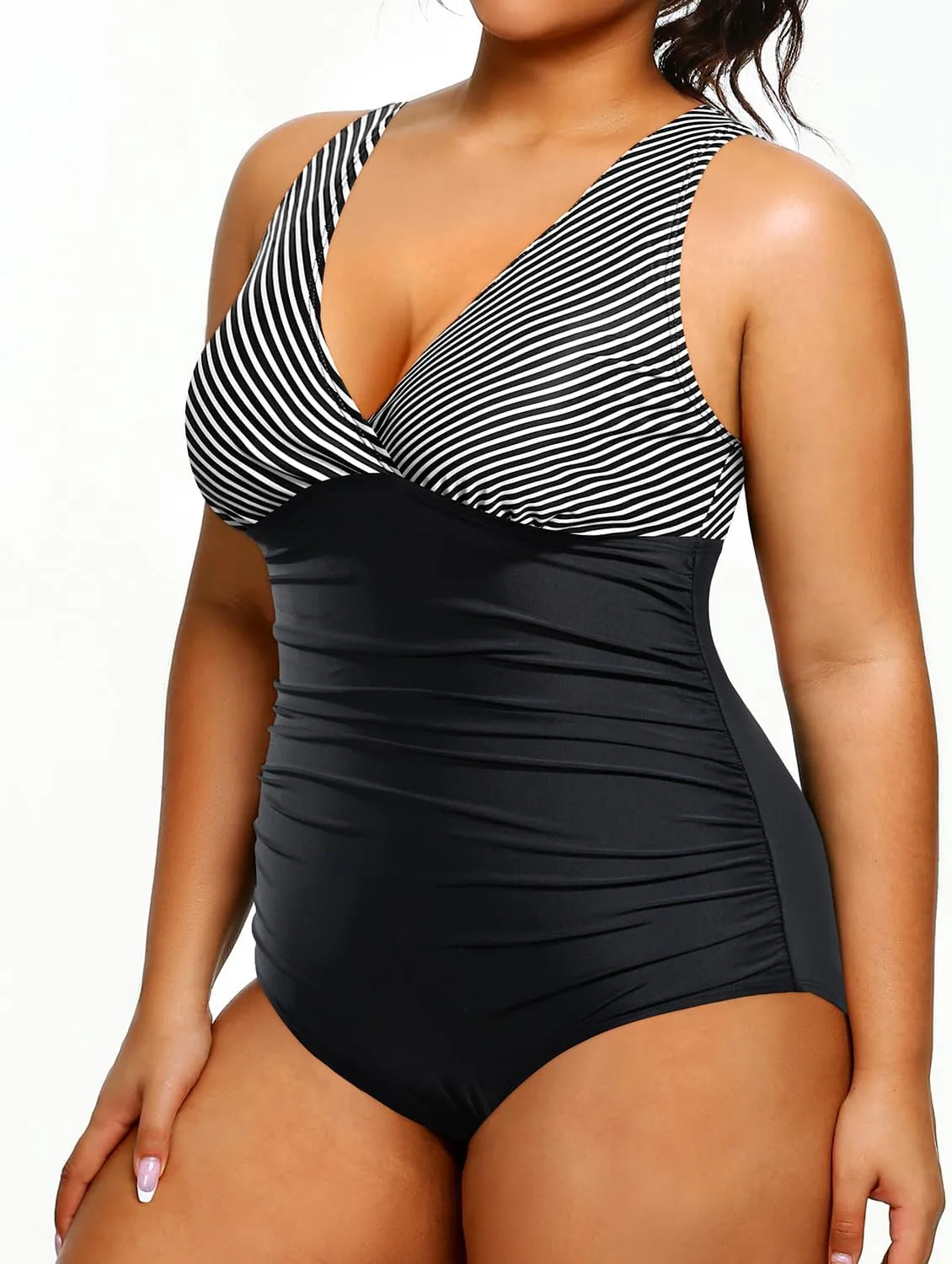 Aqua Eve Women Plus Size One Piece Swimsuits Tummy Control Bathing Suits V Neck Ruched Swimwear
