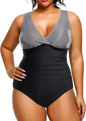 Aqua Eve Women Plus Size One Piece Swimsuits Tummy Control Bathing Suits V Neck Ruched Swimwear