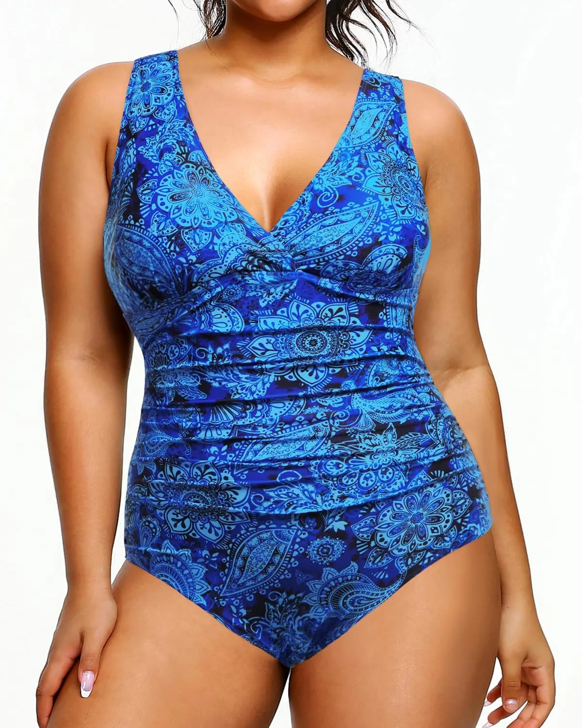Aqua Eve Women Plus Size One Piece Swimsuits Tummy Control Bathing Suits V Neck Ruched Swimwear