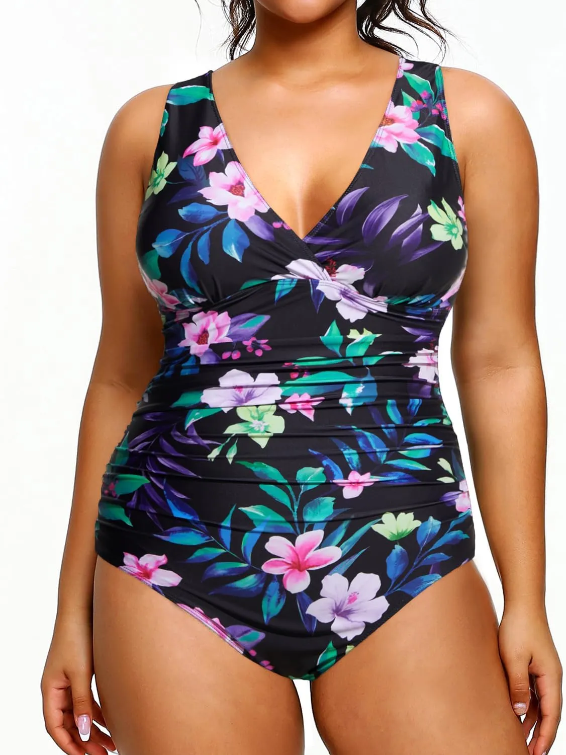 Aqua Eve Women Plus Size One Piece Swimsuits Tummy Control Bathing Suits V Neck Ruched Swimwear