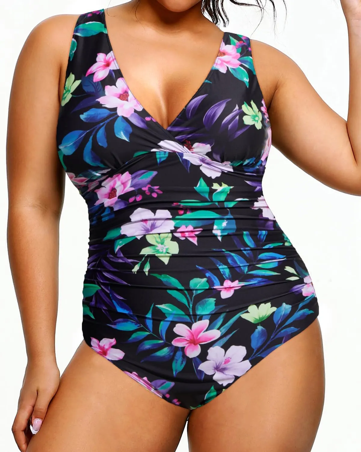 Aqua Eve Women Plus Size One Piece Swimsuits Tummy Control Bathing Suits V Neck Ruched Swimwear