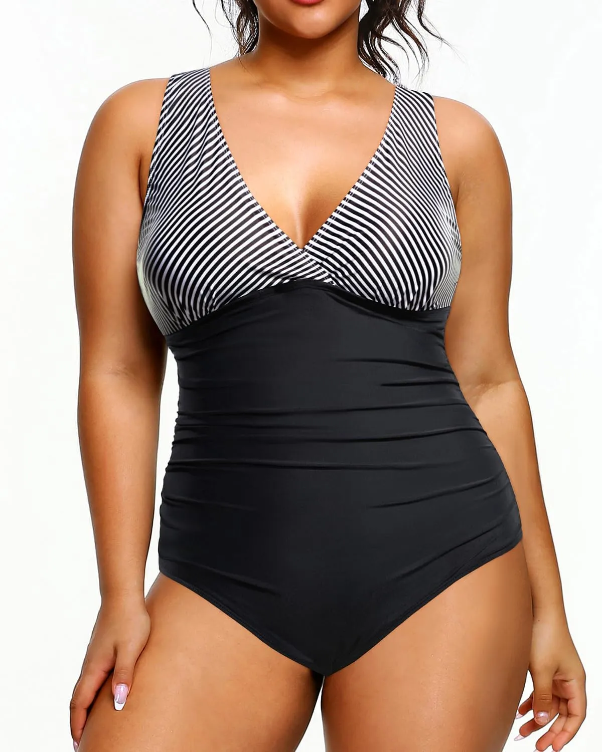 Aqua Eve Women Plus Size One Piece Swimsuits Tummy Control Bathing Suits V Neck Ruched Swimwear