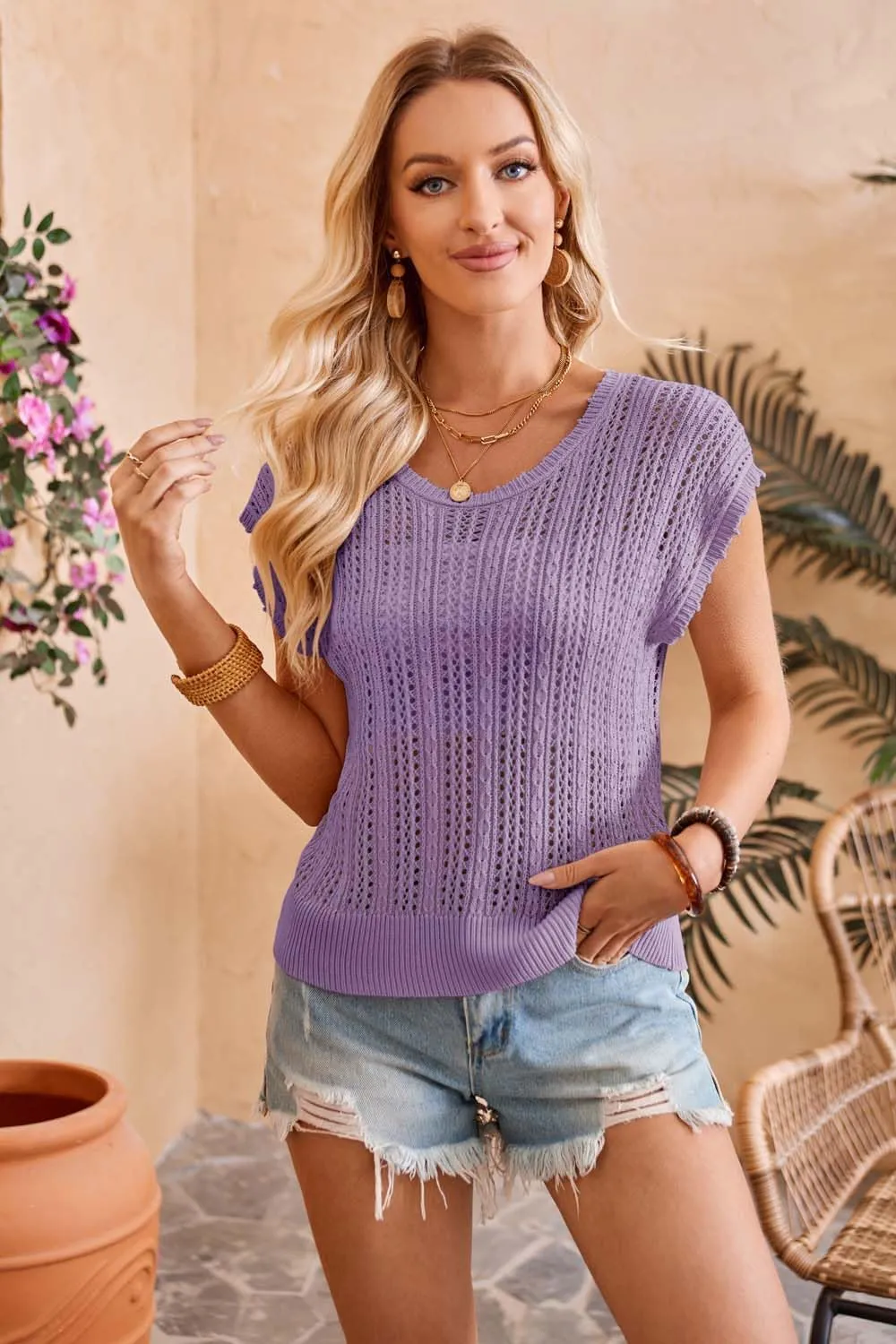 Arach&Cloz Womens Summer Crochet Tops 2024 Lightweight Cap Sleeve Crew Neck Knit Fashion Casual Sleeveless Sweater Vest
