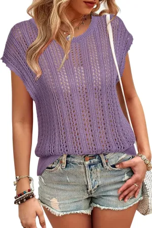 Arach&Cloz Womens Summer Crochet Tops 2024 Lightweight Cap Sleeve Crew Neck Knit Fashion Casual Sleeveless Sweater Vest