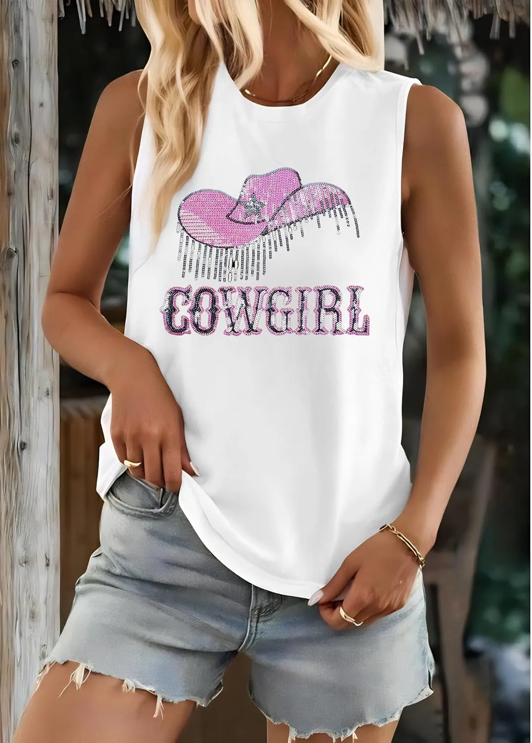 ASTANFY Western Tank Tops for Women Cowgirl Tops Sleeveless Country Shirts Summer Vacation Outfits