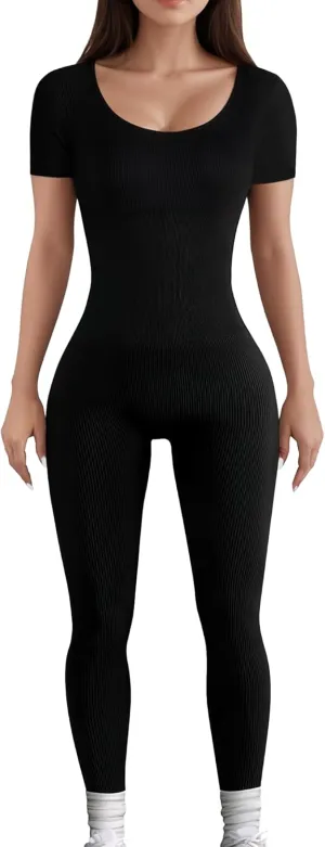 AURUZA Jumpsuit for Women Workout Seamless Jumpsuits Ribbed One Piece Tank Tops Rompers Short Sleeve Exercise Jumpsuits