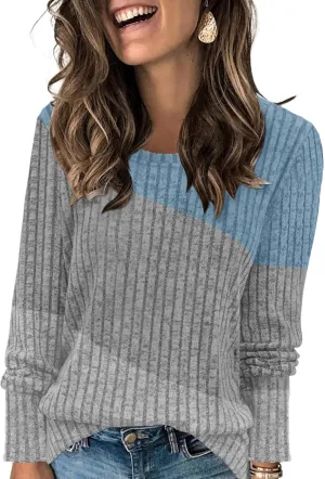 AYIFU Womens Color Block Tops Lightweight Sweaters Casual Long Sleeve Tunic Tops Trendy Crewneck Pullover Shirts