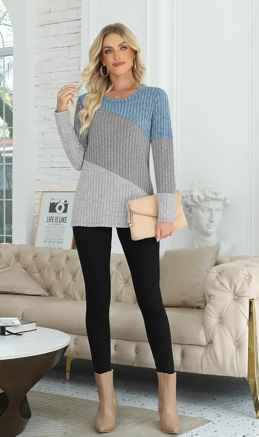 AYIFU Womens Color Block Tops Lightweight Sweaters Casual Long Sleeve Tunic Tops Trendy Crewneck Pullover Shirts