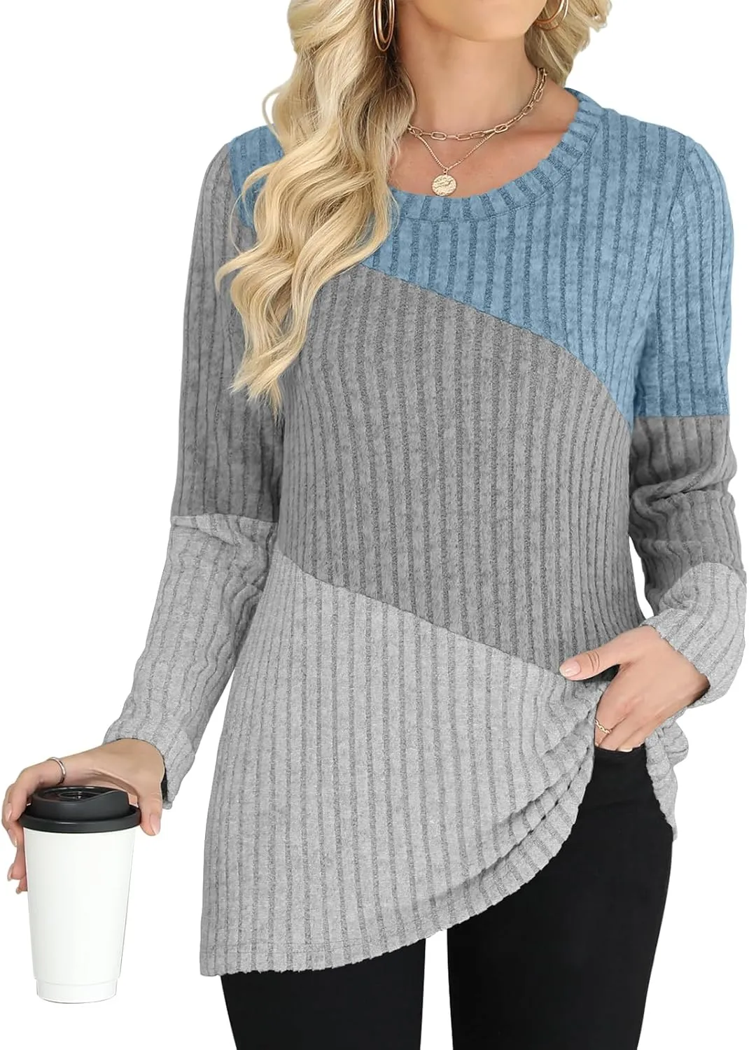 AYIFU Womens Color Block Tops Lightweight Sweaters Casual Long Sleeve Tunic Tops Trendy Crewneck Pullover Shirts
