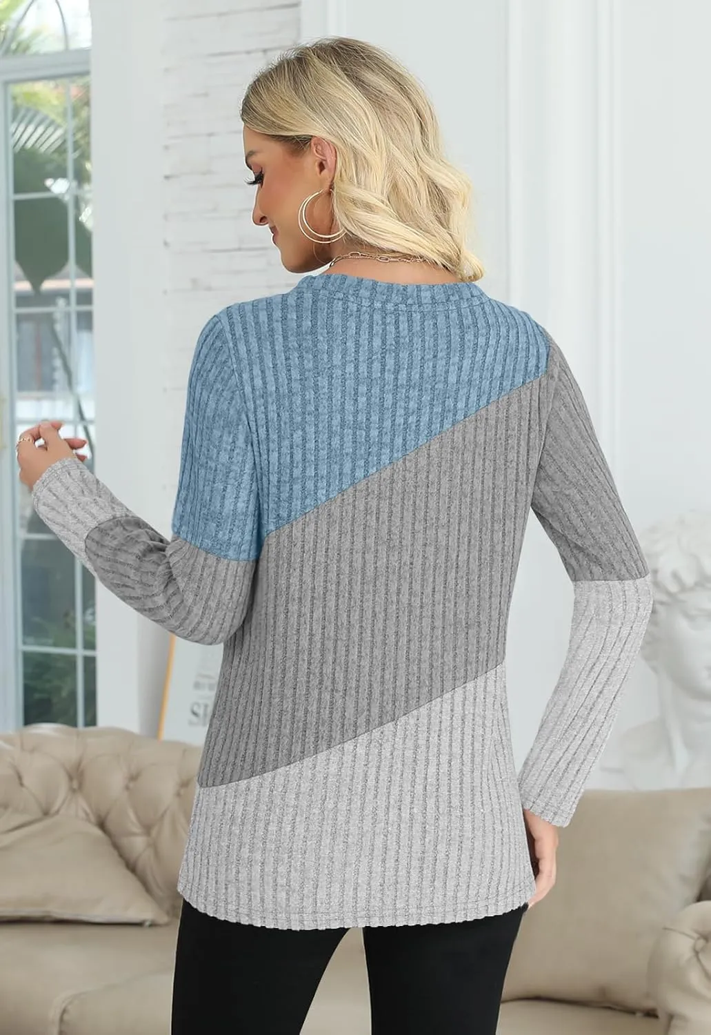AYIFU Womens Color Block Tops Lightweight Sweaters Casual Long Sleeve Tunic Tops Trendy Crewneck Pullover Shirts