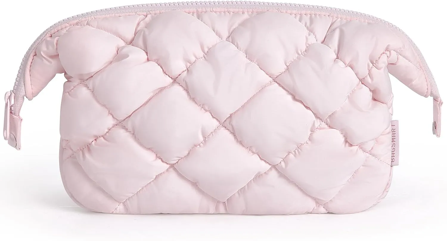BAGSMART Quilted Travel Makeup Bag, Puffy Toiletry Organizer with Wide Opening, Cosmetic Storage for Women's Accessories, Pink