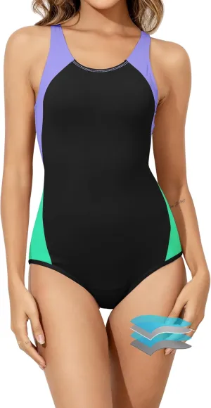 Beautikini Period Swimwear One Piece Leakproof Menstrual Swimsuit Racerback Color Block Bathing Suit for Teen Girls Women