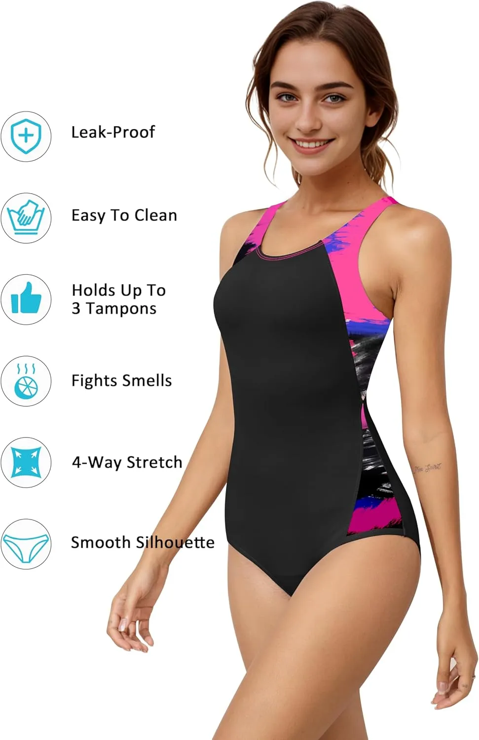 Beautikini Period Swimwear One Piece Leakproof Menstrual Swimsuit Racerback Color Block Bathing Suit for Teen Girls Women