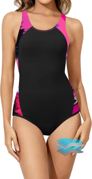 Beautikini Period Swimwear One Piece Leakproof Menstrual Swimsuit Racerback Color Block Bathing Suit for Teen Girls Women