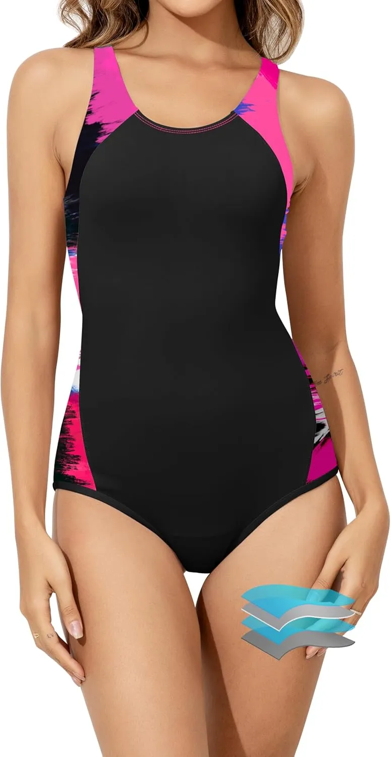 Beautikini Period Swimwear One Piece Leakproof Menstrual Swimsuit Racerback Color Block Bathing Suit for Teen Girls Women