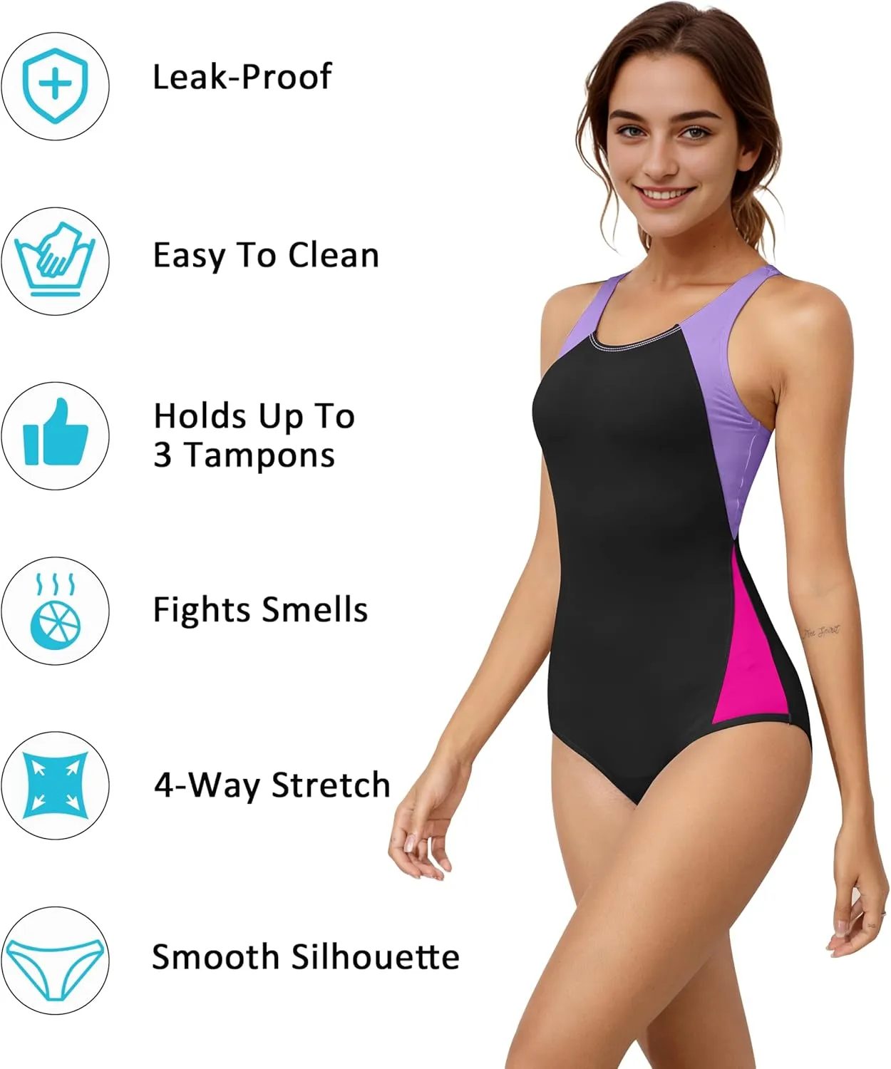 Beautikini Period Swimwear One Piece Leakproof Menstrual Swimsuit Racerback Color Block Bathing Suit for Teen Girls Women