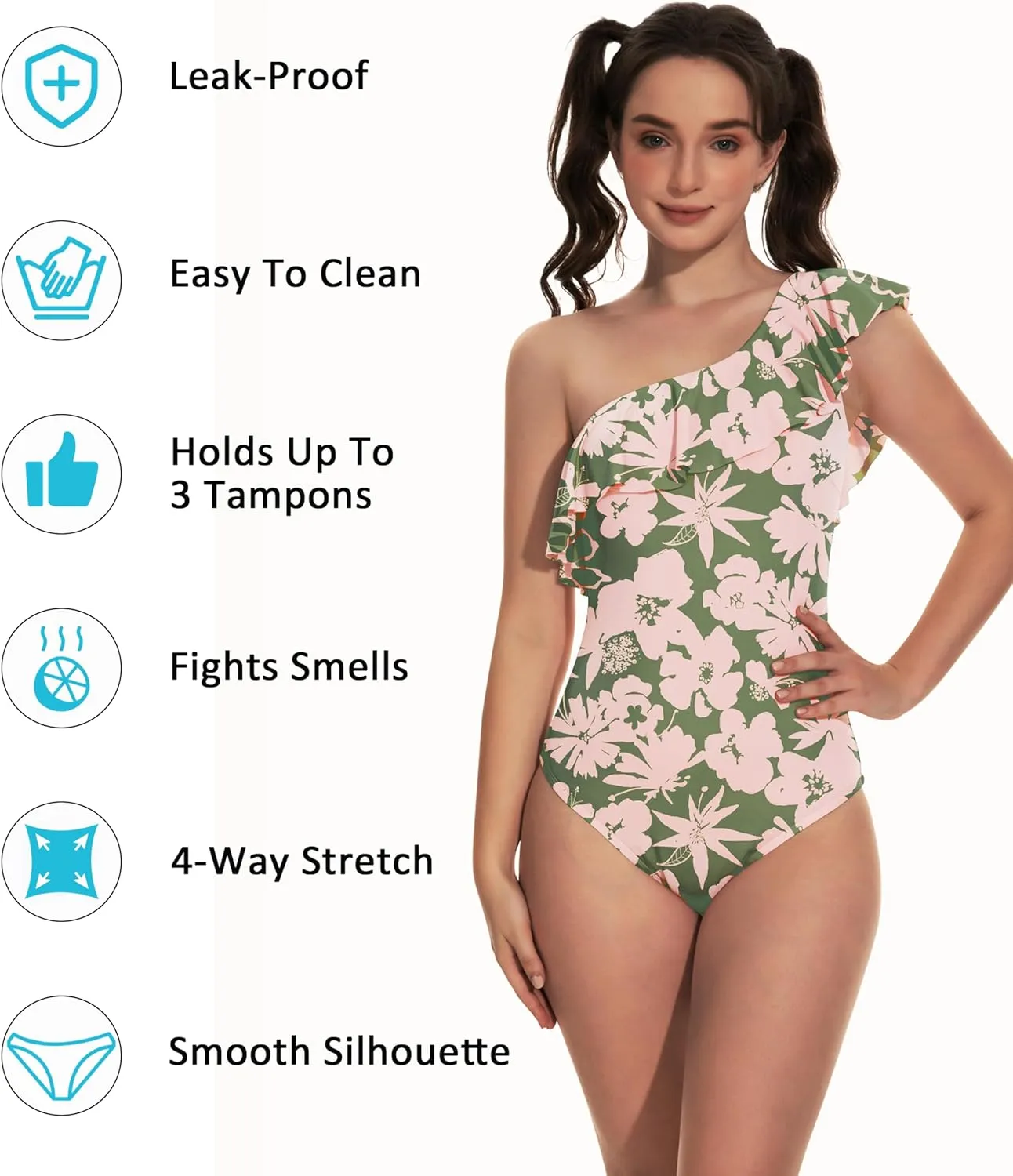 Beautikini Period Swimwear One Piece Menstrual Leakproof Swimsuit One Shoulder Ruffle Bathing Suits for Girls Teens