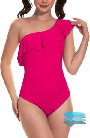 Beautikini Period Swimwear One Piece Menstrual Leakproof Swimsuit One Shoulder Ruffle Bathing Suits for Girls Teens