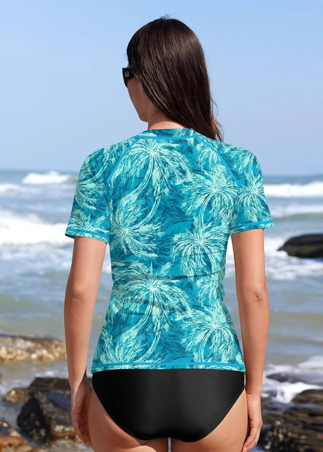 BesserBay Women UPF 50  Half Zip Short Sleeve Tropical Rash Guard Shirt Qick Dry Swim Tops Swimsuit