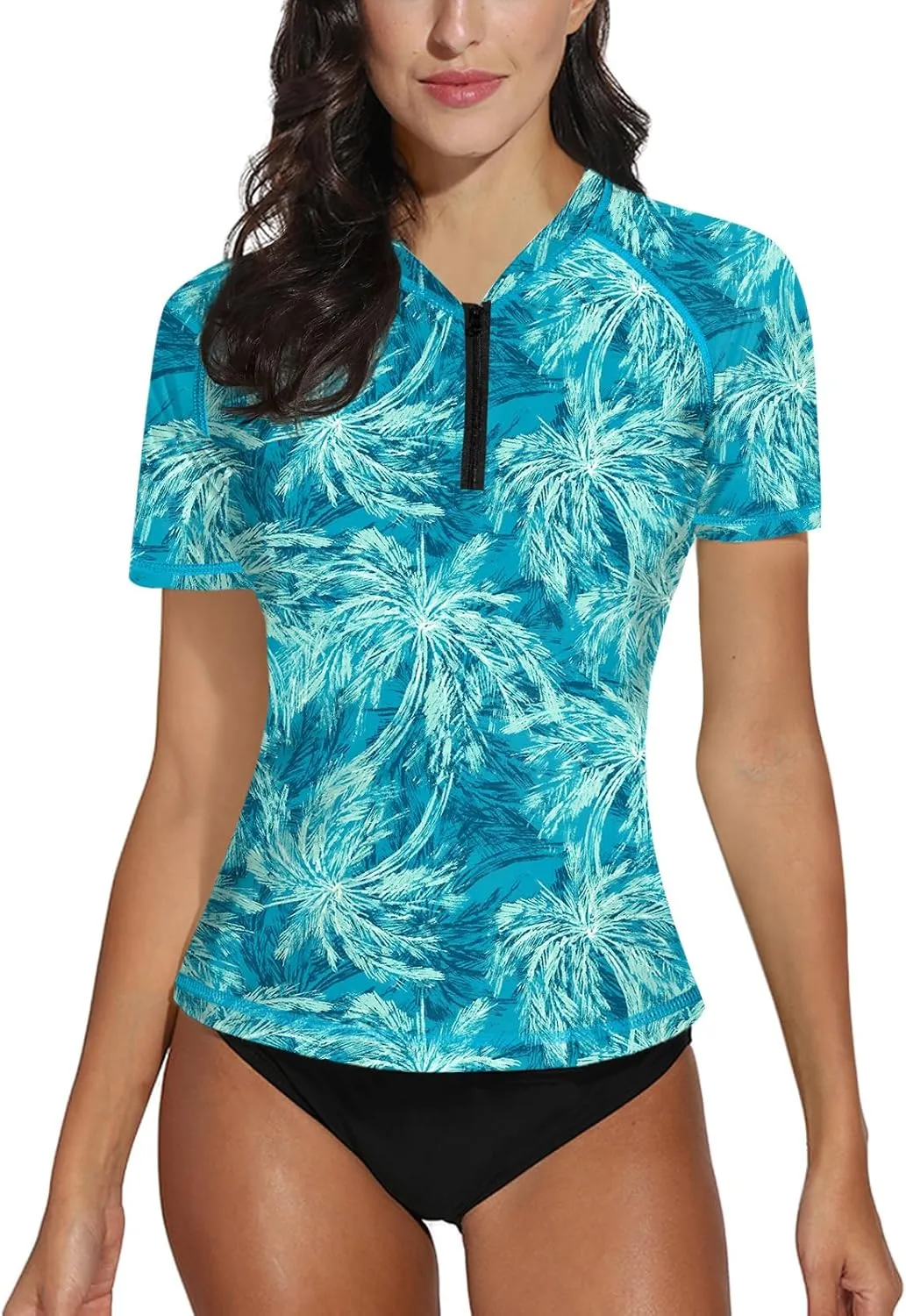 BesserBay Women UPF 50  Half Zip Short Sleeve Tropical Rash Guard Shirt Qick Dry Swim Tops Swimsuit