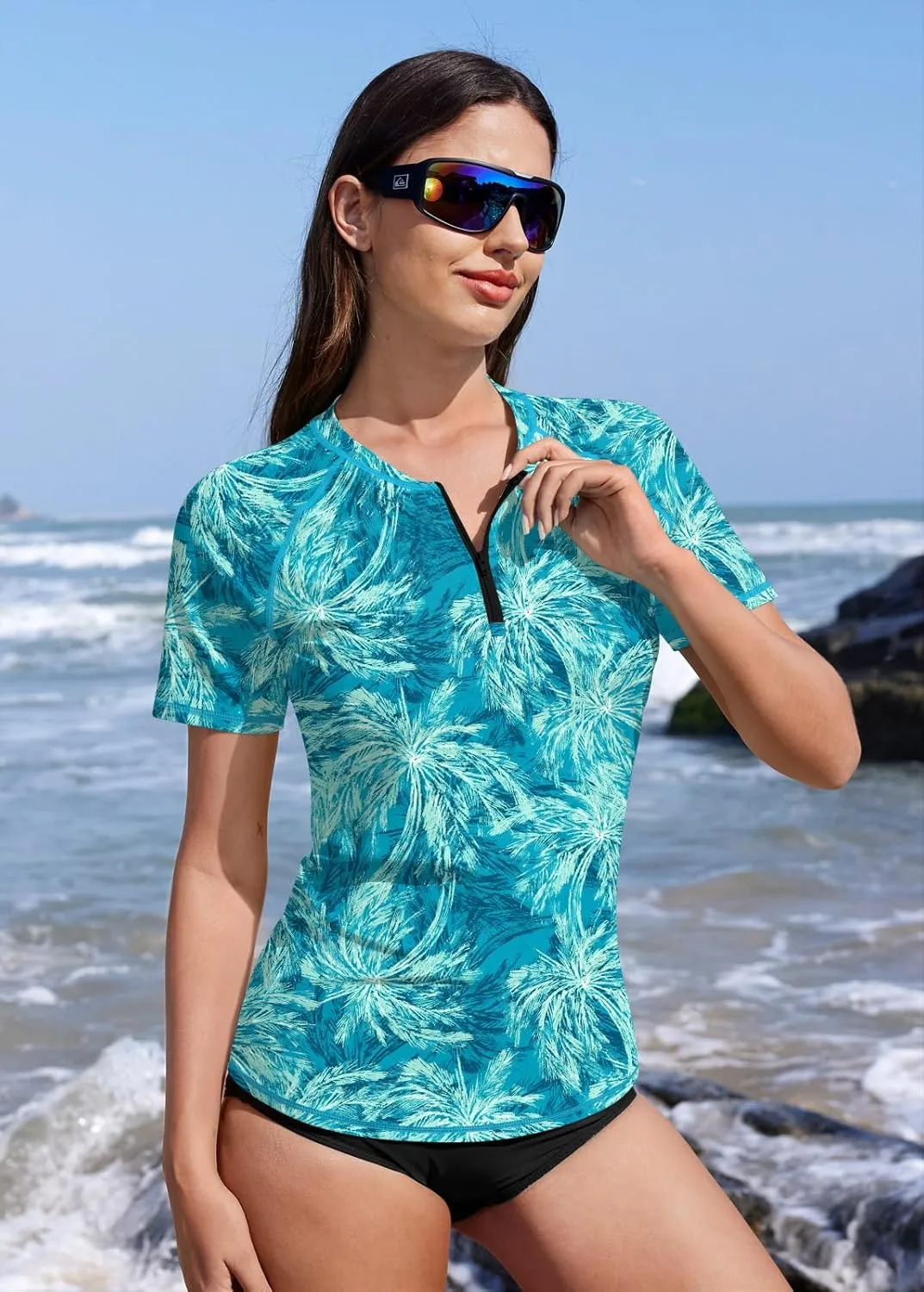 BesserBay Women UPF 50  Half Zip Short Sleeve Tropical Rash Guard Shirt Qick Dry Swim Tops Swimsuit