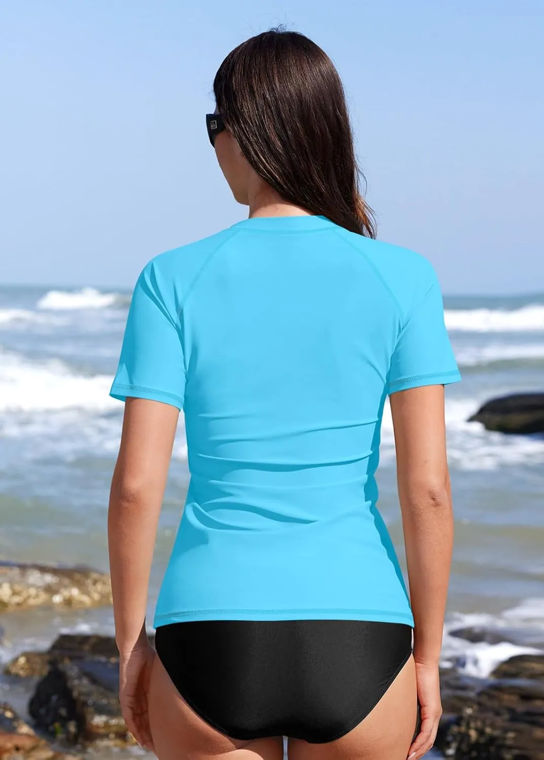 BesserBay Women UPF 50  Half Zip Short Sleeve Tropical Rash Guard Shirt Qick Dry Swim Tops Swimsuit
