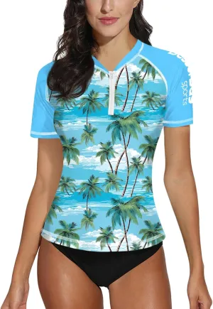 BesserBay Women UPF 50  Half Zip Short Sleeve Tropical Rash Guard Shirt Qick Dry Swim Tops Swimsuit