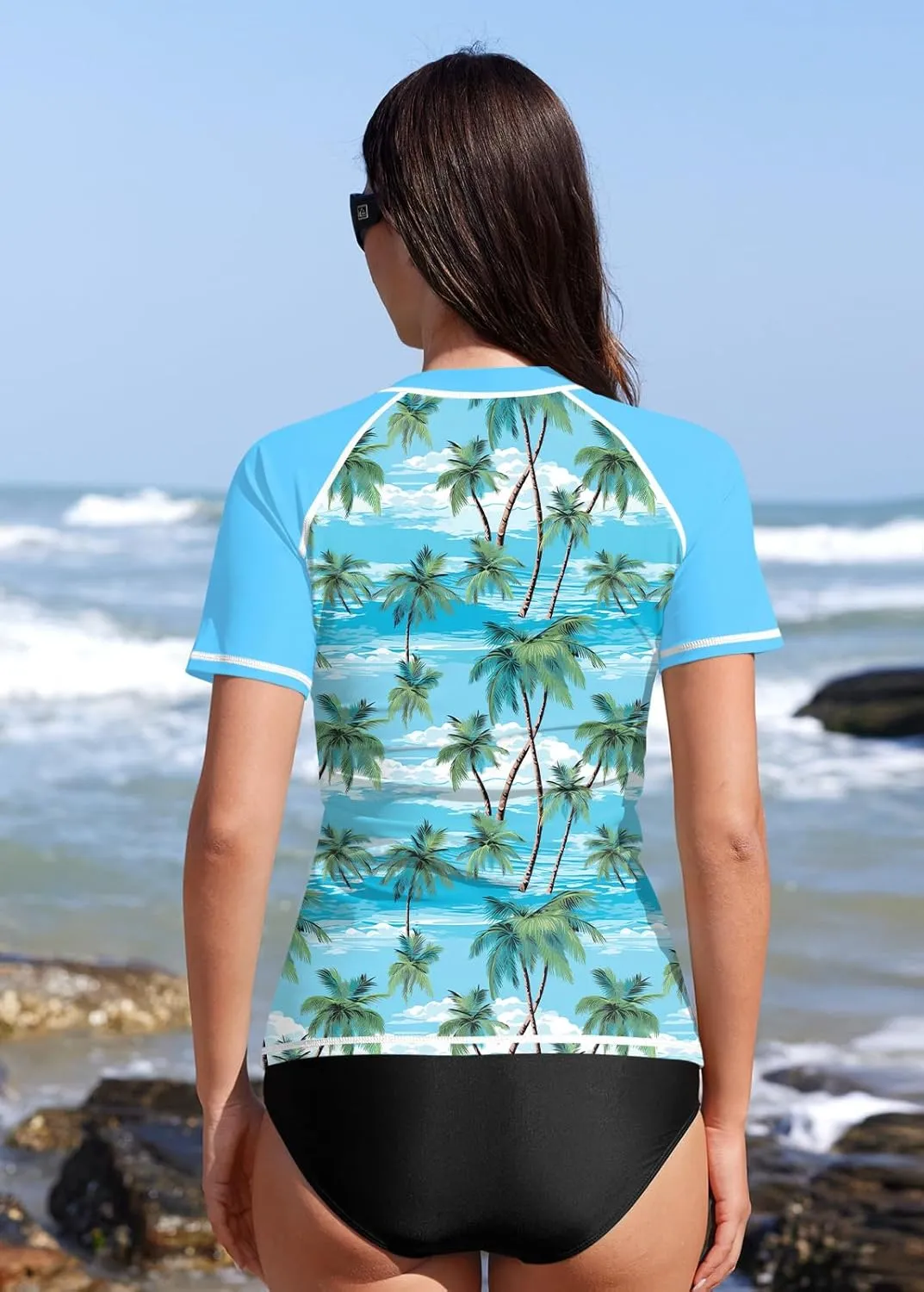 BesserBay Women UPF 50  Half Zip Short Sleeve Tropical Rash Guard Shirt Qick Dry Swim Tops Swimsuit