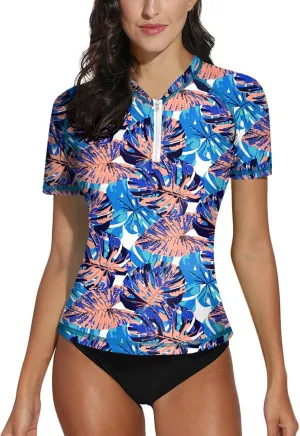 BesserBay Women UPF 50  Half Zip Short Sleeve Tropical Rash Guard Shirt Qick Dry Swim Tops Swimsuit