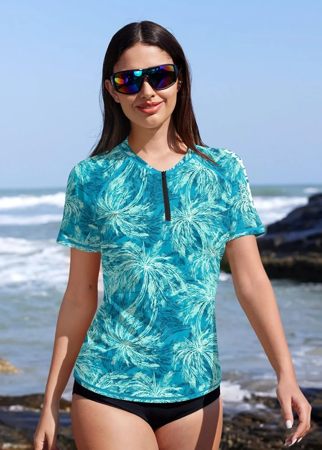BesserBay Women UPF 50  Half Zip Short Sleeve Tropical Rash Guard Shirt Qick Dry Swim Tops Swimsuit