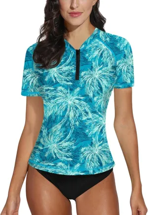 BesserBay Women UPF 50  Half Zip Short Sleeve Tropical Rash Guard Shirt Qick Dry Swim Tops Swimsuit