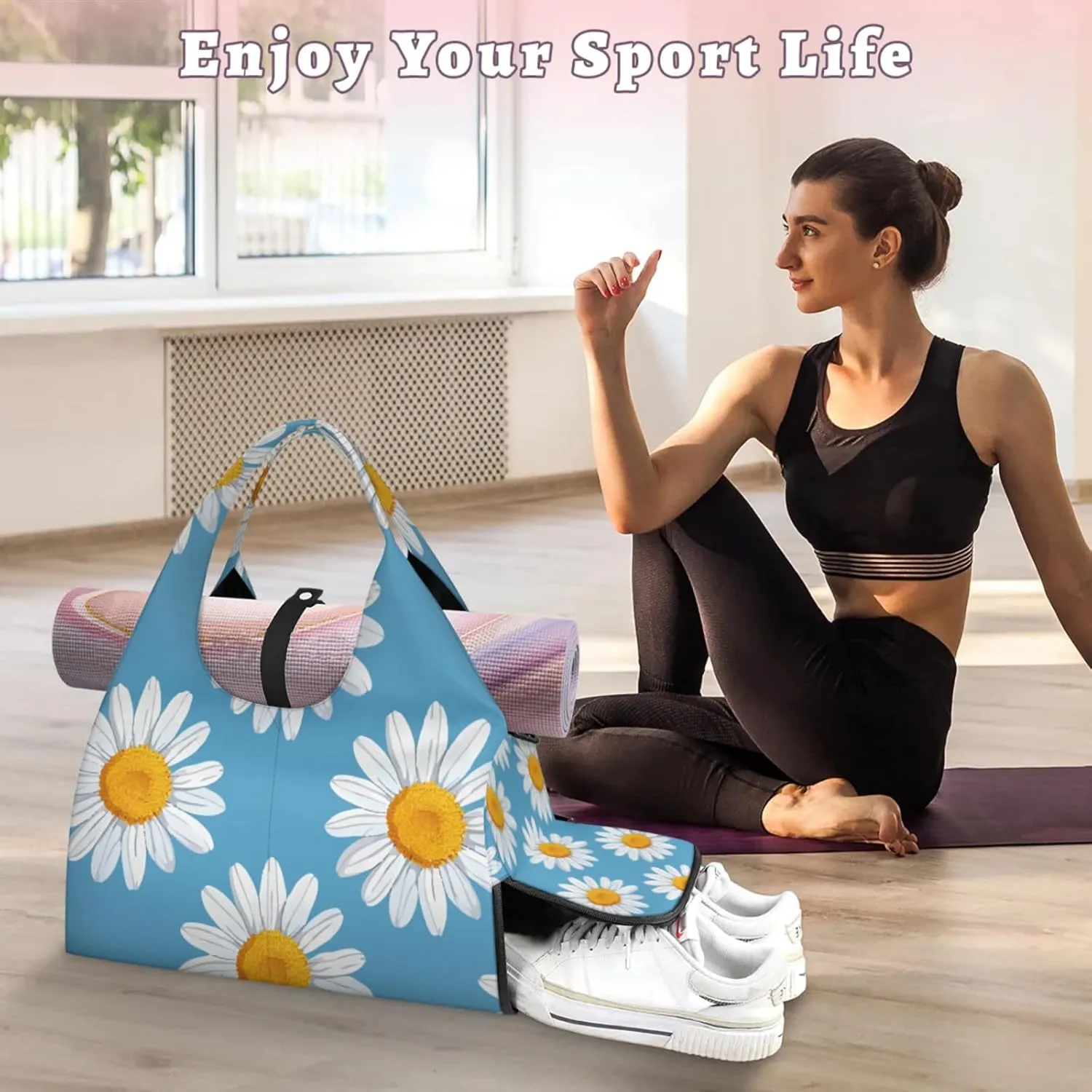 Blossom Print Gym Bag Yoga Mat Tote for Women with Shoes Compartment Lightweight Duffle Travel Carrier Wet Dry Storage Pockets Adjustable Pilates Mats Shoulder Bags for Sport Swim