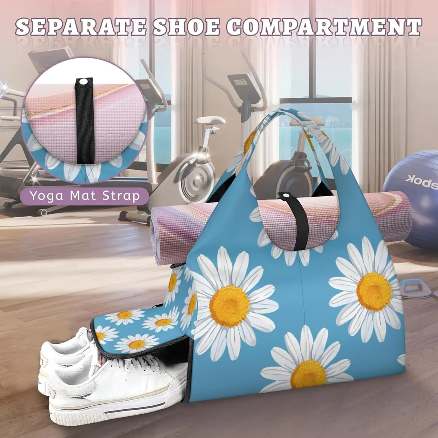 Blossom Print Gym Bag Yoga Mat Tote for Women with Shoes Compartment Lightweight Duffle Travel Carrier Wet Dry Storage Pockets Adjustable Pilates Mats Shoulder Bags for Sport Swim