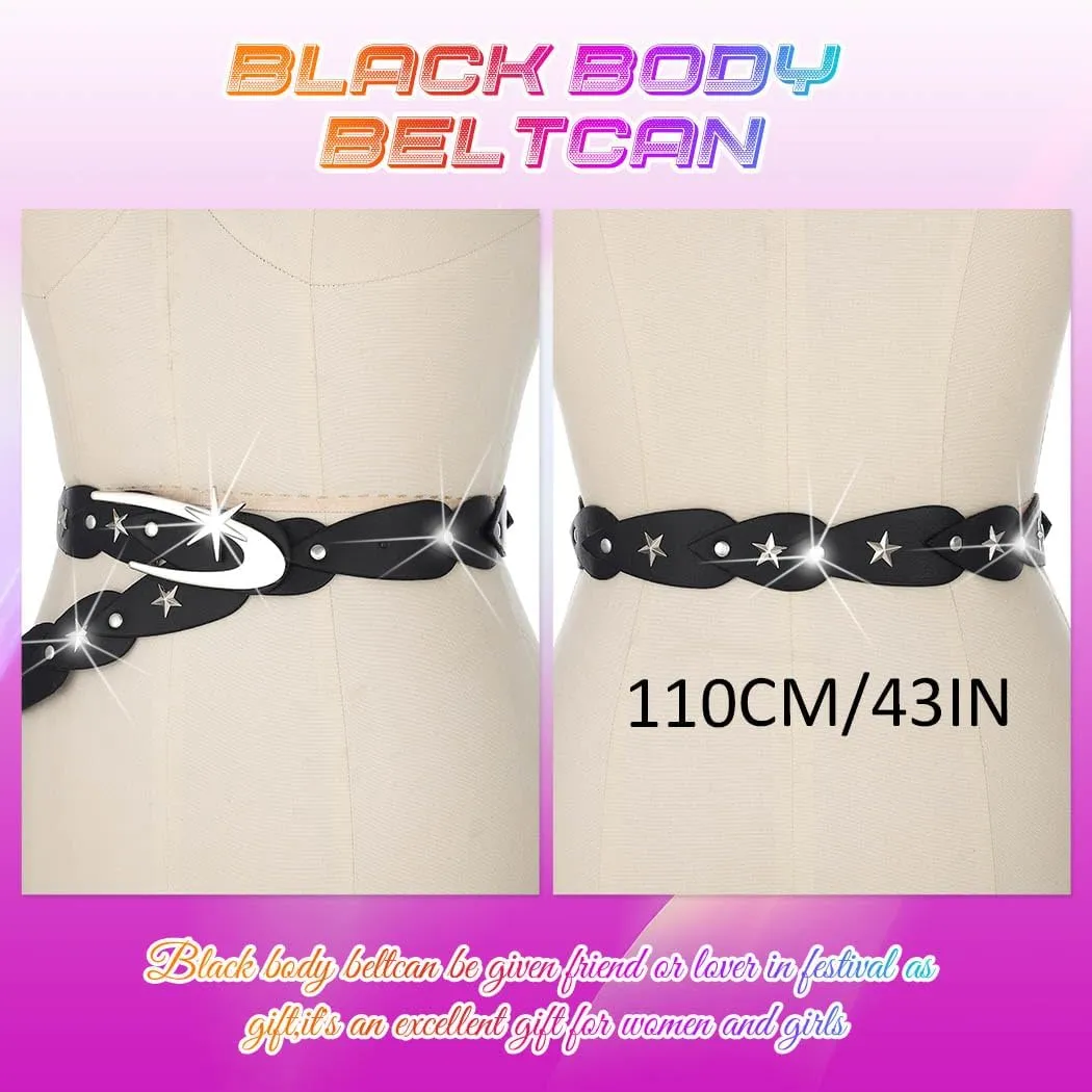 BODIY Star Studded Leather Belt Black Fashion Leather Belt Adjustable Belts Y2K Leather Accessories for Women