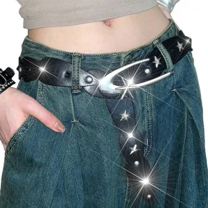BODIY Star Studded Leather Belt Black Fashion Leather Belt Adjustable Belts Y2K Leather Accessories for Women
