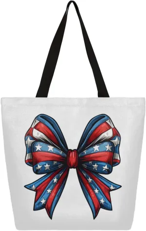 Bow Stars Stripes Large Opening Canvas Tote Bag with Interior Pocket Woman Gifts