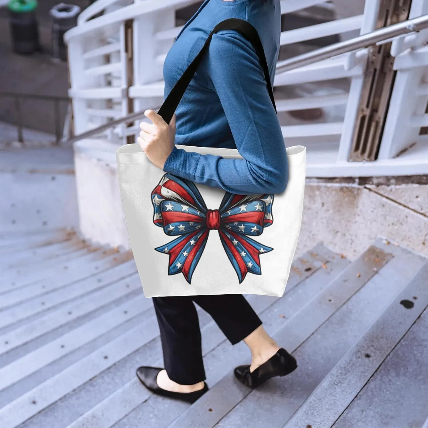 Bow Stars Stripes Large Opening Canvas Tote Bag with Interior Pocket Woman Gifts