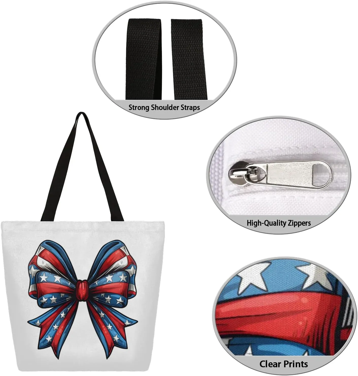 Bow Stars Stripes Large Opening Canvas Tote Bag with Interior Pocket Woman Gifts