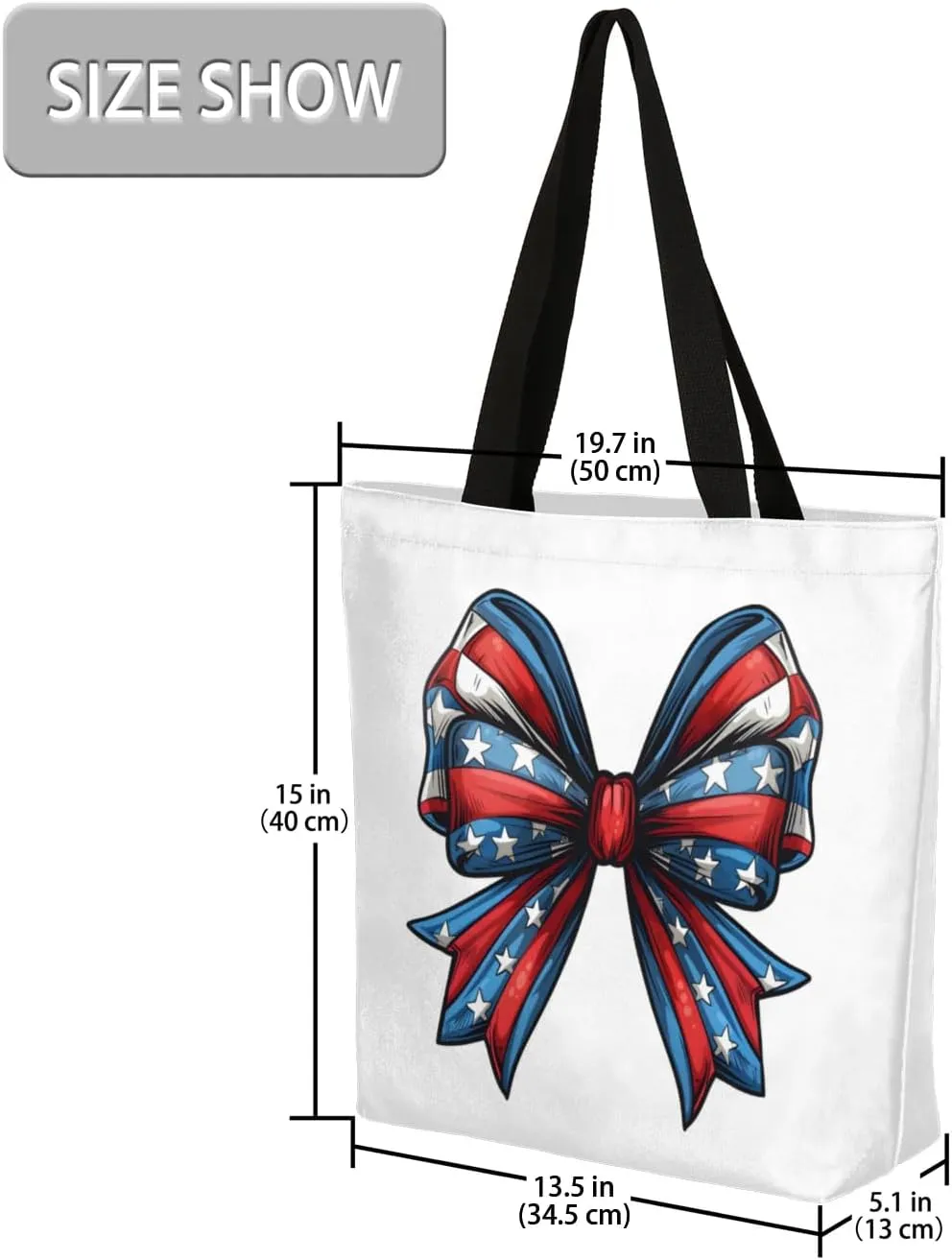 Bow Stars Stripes Large Opening Canvas Tote Bag with Interior Pocket Woman Gifts