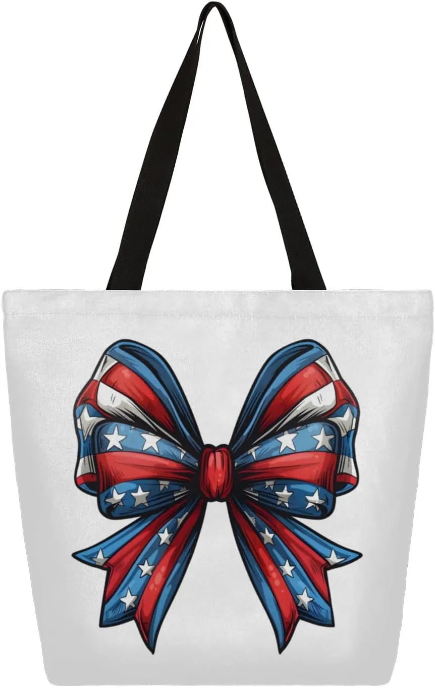 Bow Stars Stripes Large Opening Canvas Tote Bag with Interior Pocket Woman Gifts