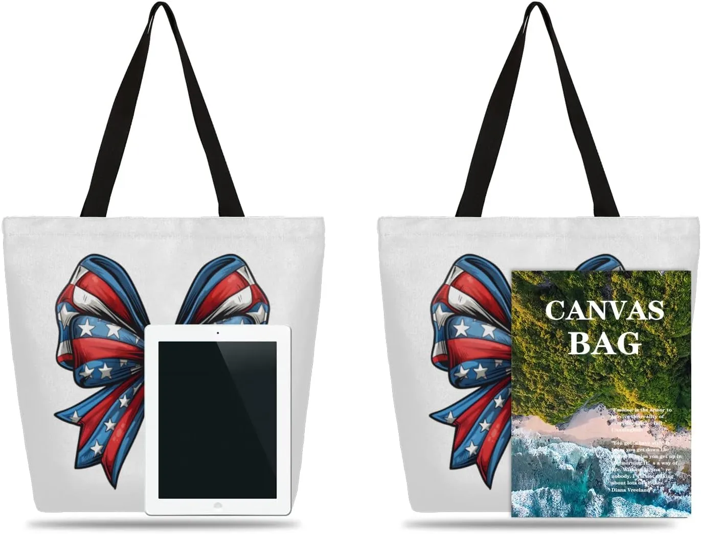 Bow Stars Stripes Large Opening Canvas Tote Bag with Interior Pocket Woman Gifts